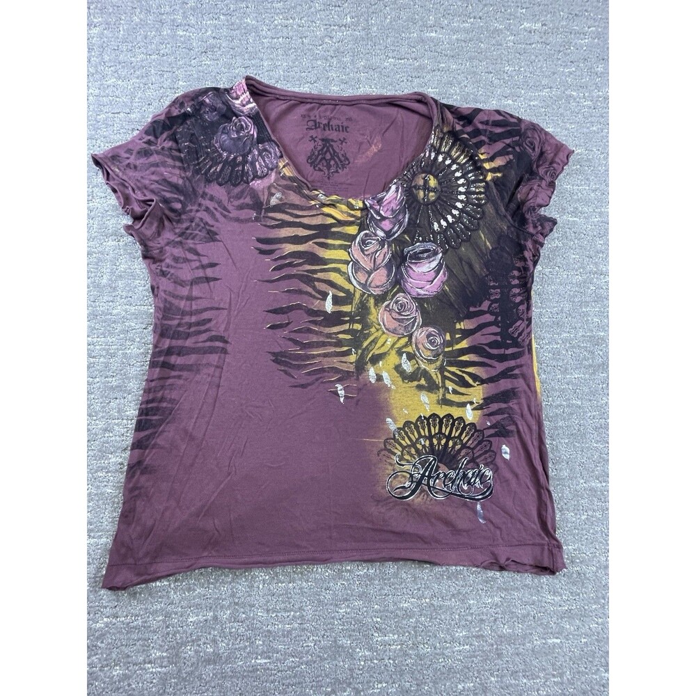 Women’s XL Archaic affliction Purple V Neck Short Sleeve Graphic Floral T Shirt